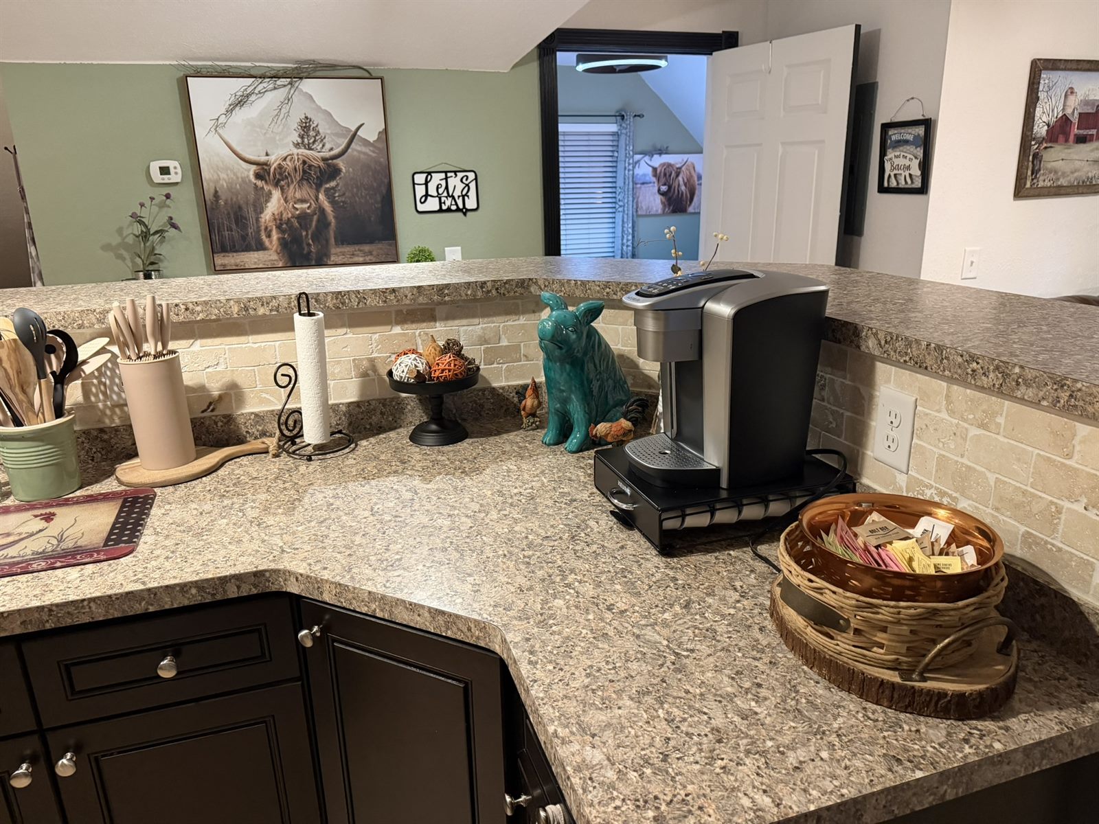 Coffee bar in Rose's Barn Loft, stocked and ready