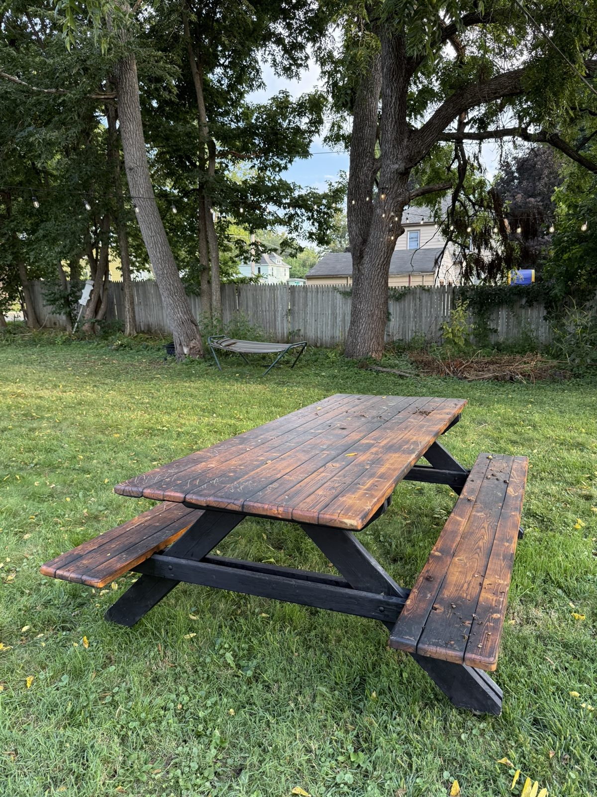 Shared picnic area under mature trees at Rose’s Village